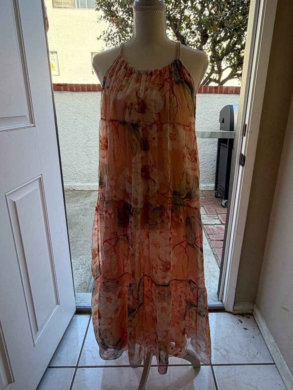 Elena Baldi Silk Blend Made In Italy Peach Floral Tiered M Dress Romantic - Picture 6 of 8